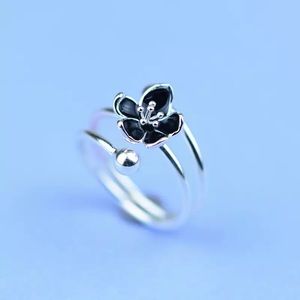 Black cherry blossom sterling silver ladies ring
